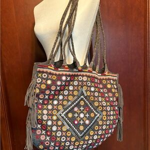 Free People Gray Suede Embroidered Large Boho Fringe Tote Shoulder Bag Purse
